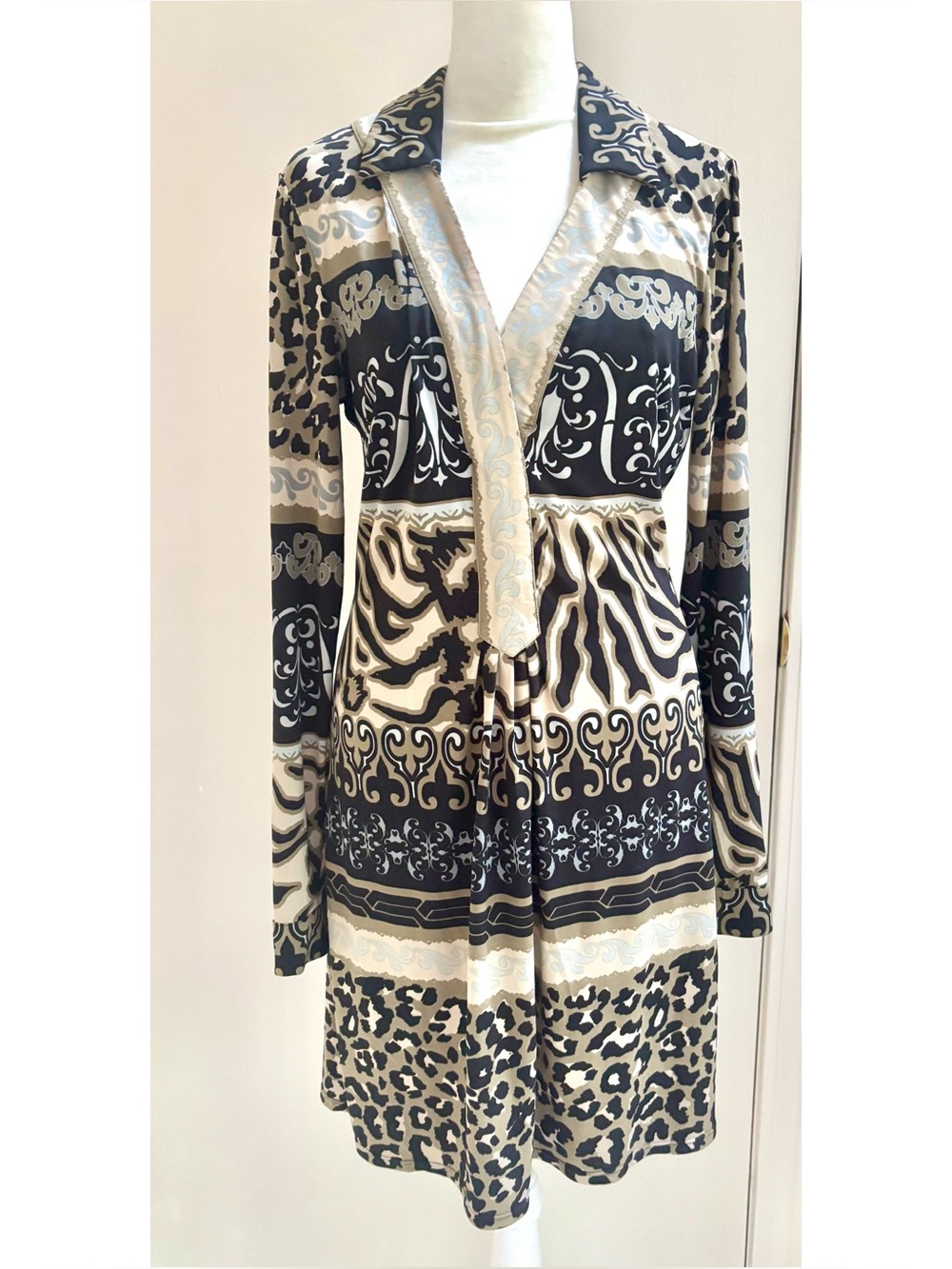 Hale Bob Long Sleeve Mixed Animal Print Shirt Dress in Black & Cream-Small